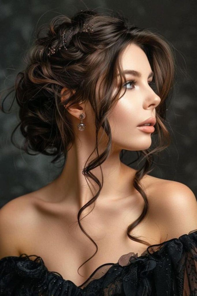 Whispering lace updo with loose curls.
