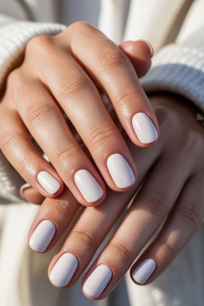 Glossy white short baddie nails