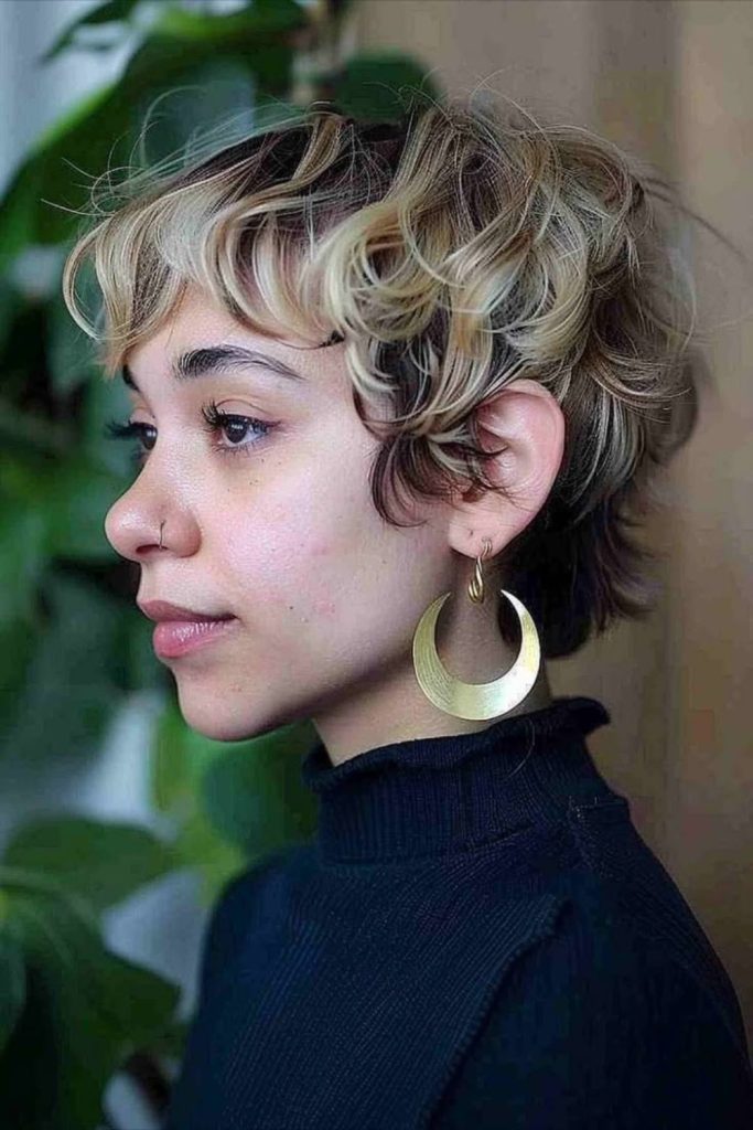 Wild pixie halo textured short hairstyle.
