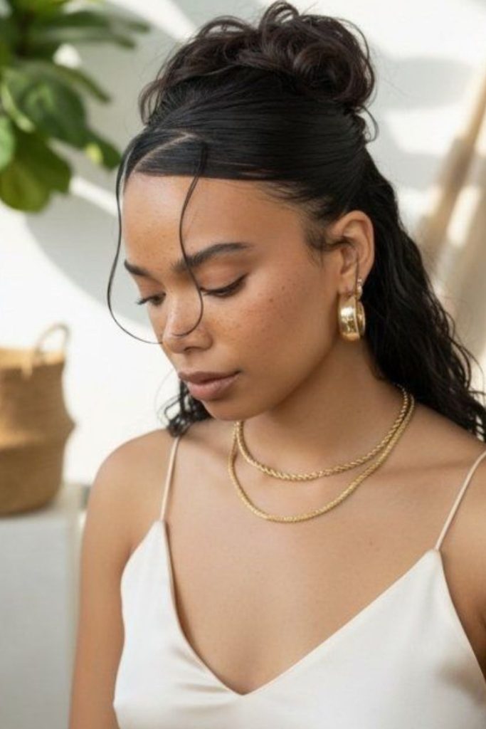 Sleek hairstyle featuring zigzag center part.