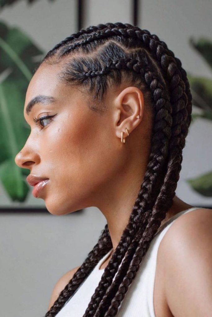Zigzag patterned natural cornrow braids.