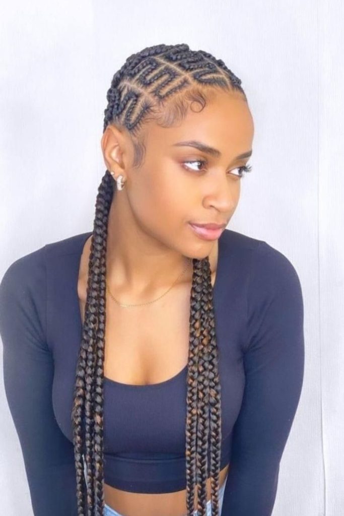 Zigzag stitch cornrows with clean parts.