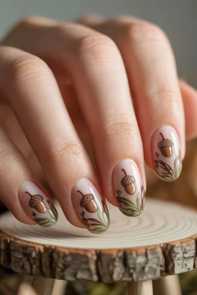 Acorn oak Thanksgiving nail design.