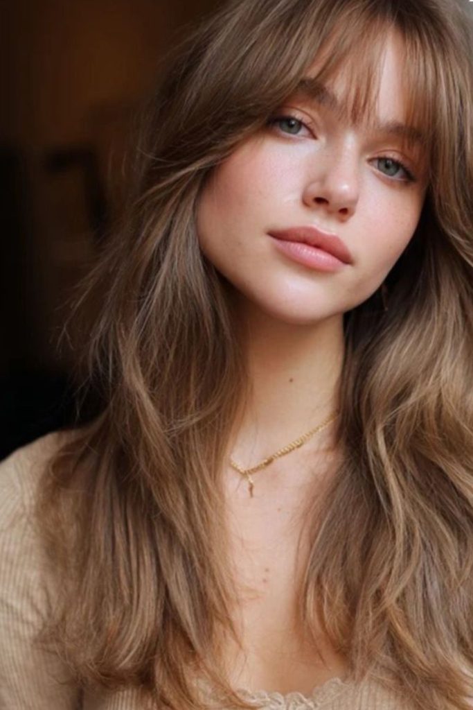 Airy Birkin bangs with wispy texture.