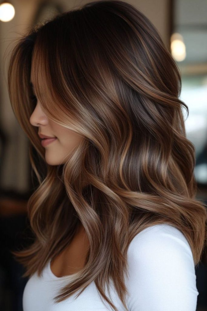 Creamy almond brunette hair with highlights.