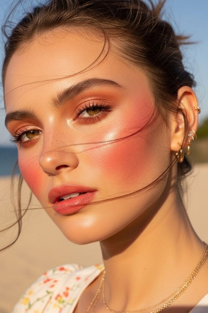 Apricot radiant sunset makeup look.