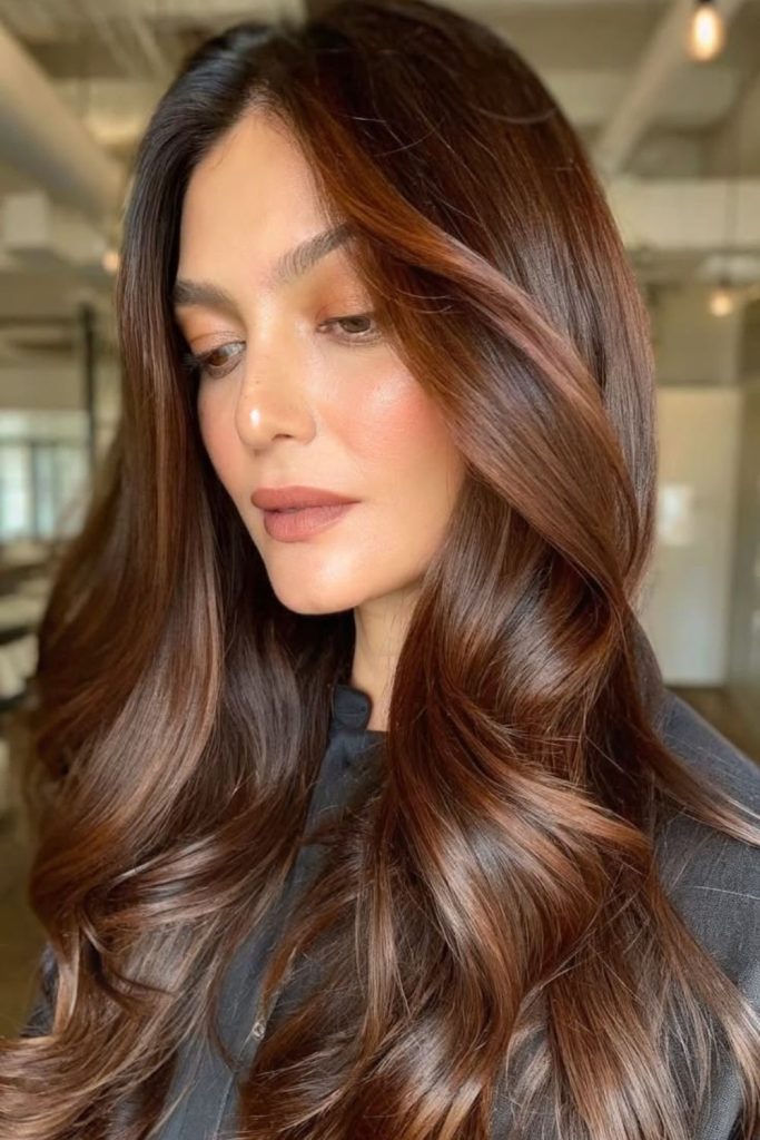 Rich auburn espresso brunette hair.