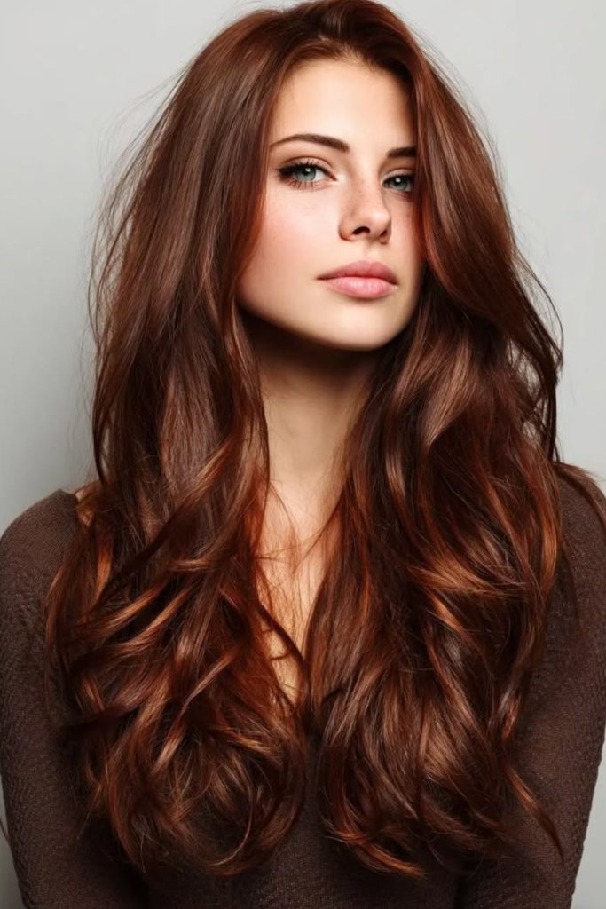 Auburn strawberry brunette hair with curls.