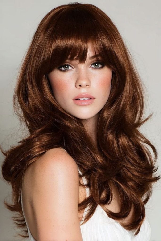 Auburn vintage Birkin bangs with waves.