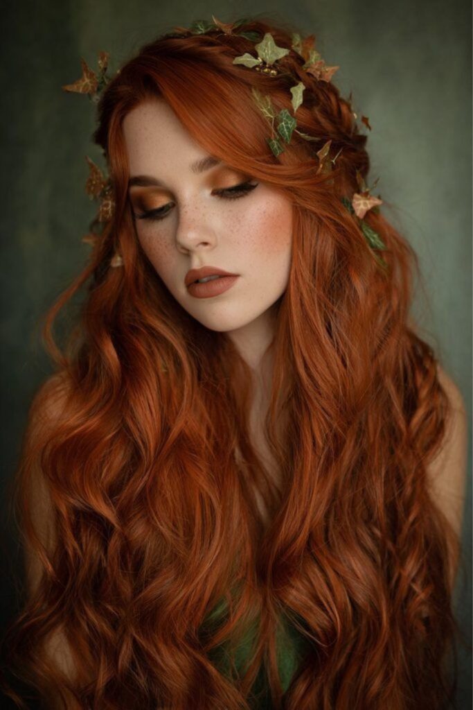 Autumn fairy costume with copper red hair.