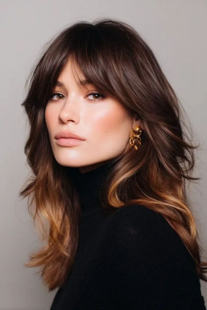 Birkin bangs with butterfly face layers.