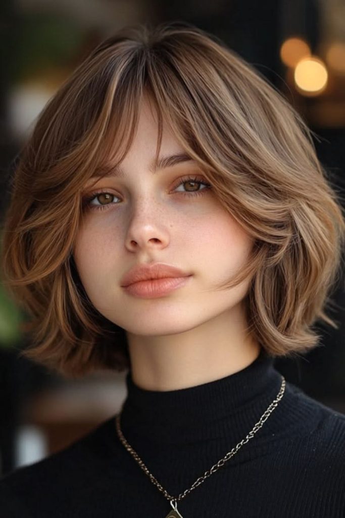 Birkin bangs with curtain-style bob.