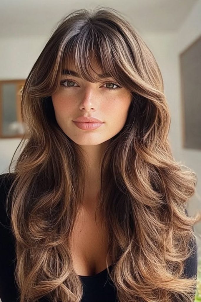 Birkin bangs with face-framing layers.