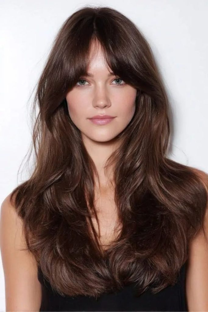 Birkin bangs with long flowing layers.