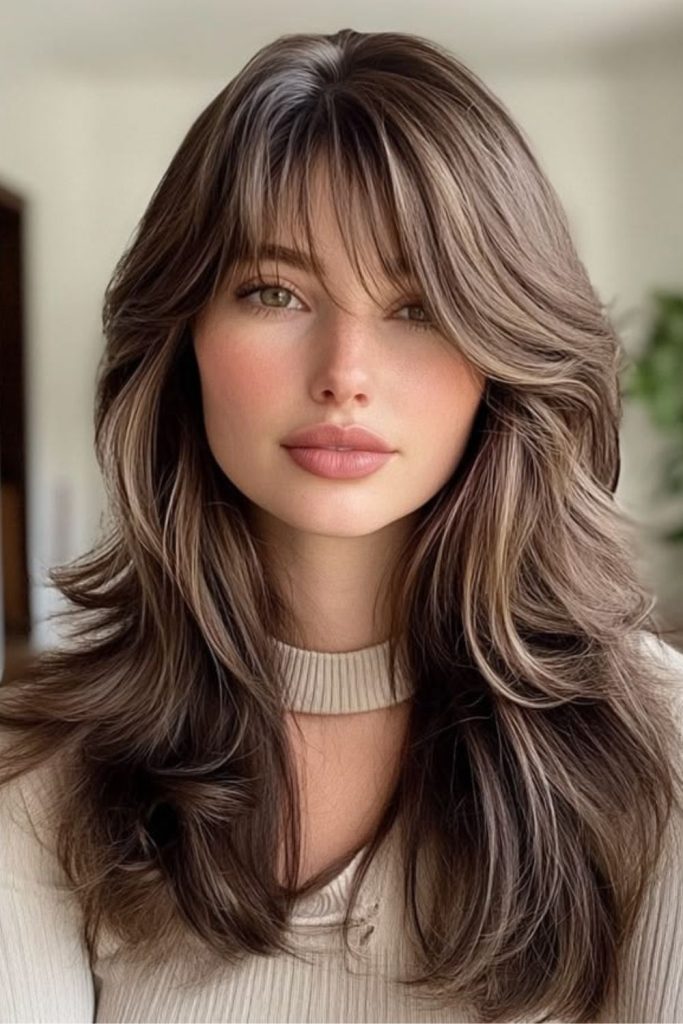 Birkin bangs with edgy wolf layers.
