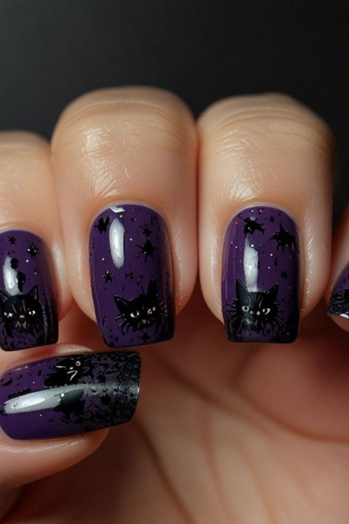 Black Cat Moonlight Halloween Nails