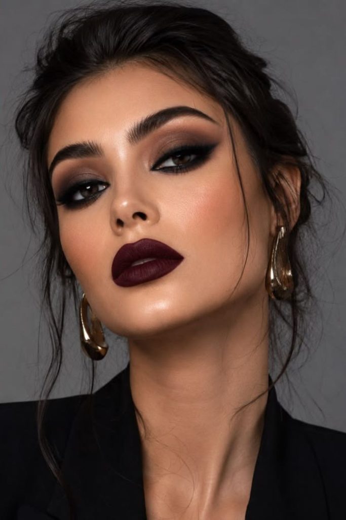 Black cherry gothic makeup with smoky eyes.