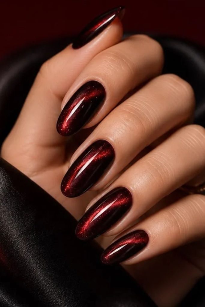 Black cherry velvet glossy nails