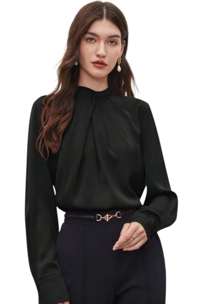 Satin blouse with tailored trousers.