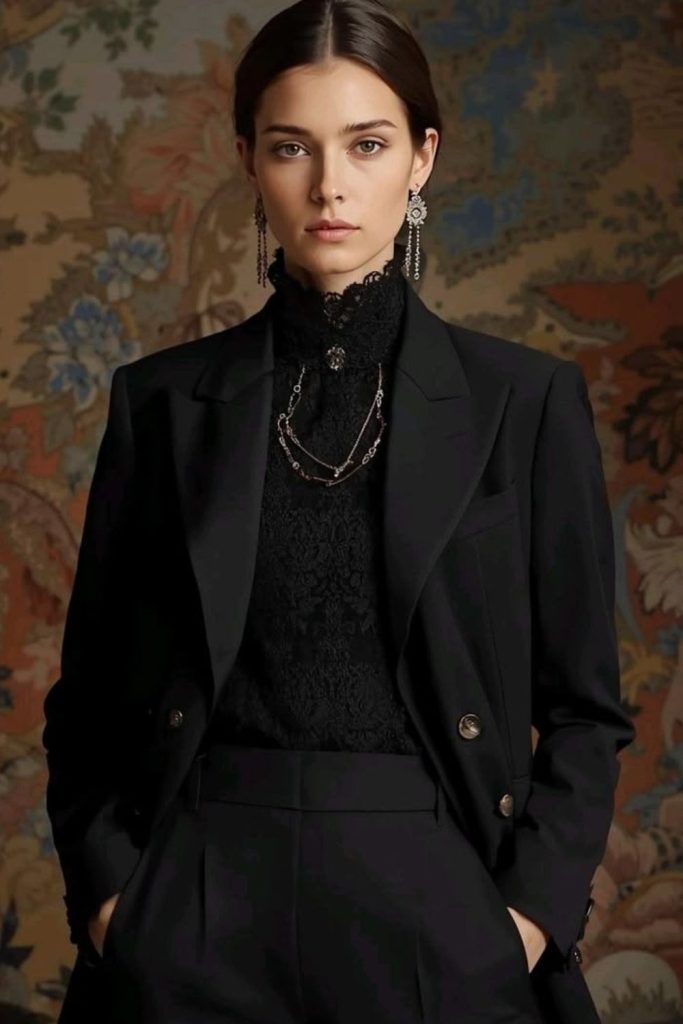 Lace blouse with velvet blazer.