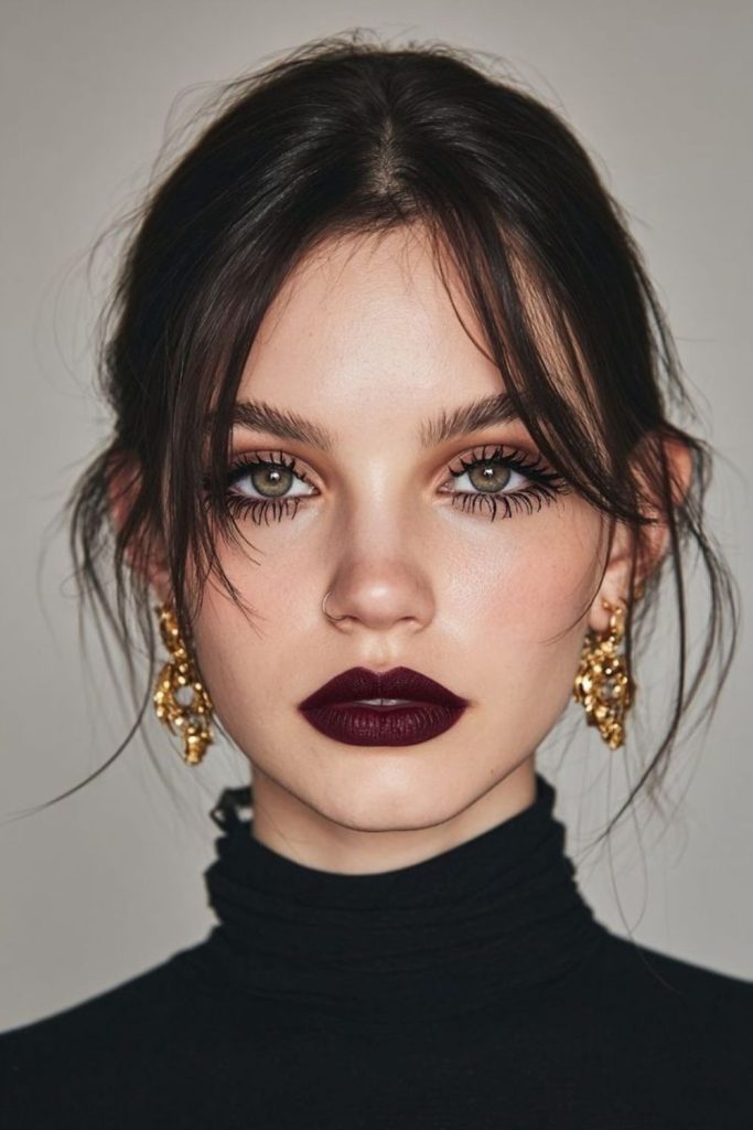 Blackened cherry glamorous smoky makeup look.