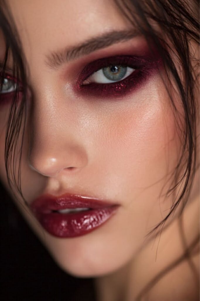 Blood moon crimson smoky makeup look.