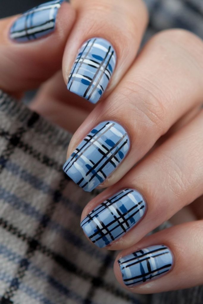 Blueberry cream plaid nails.