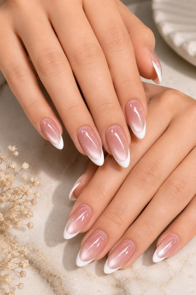 Blush frosted glazed donut nails.