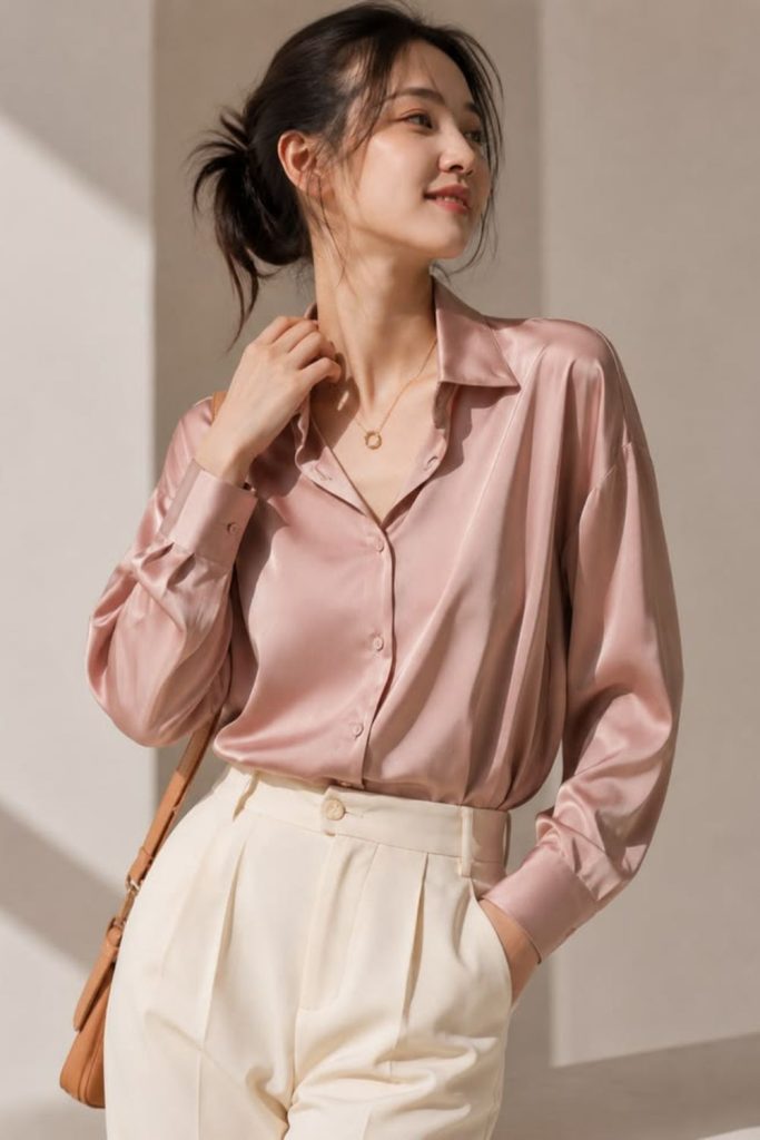 Blush blouse with cream trousers.