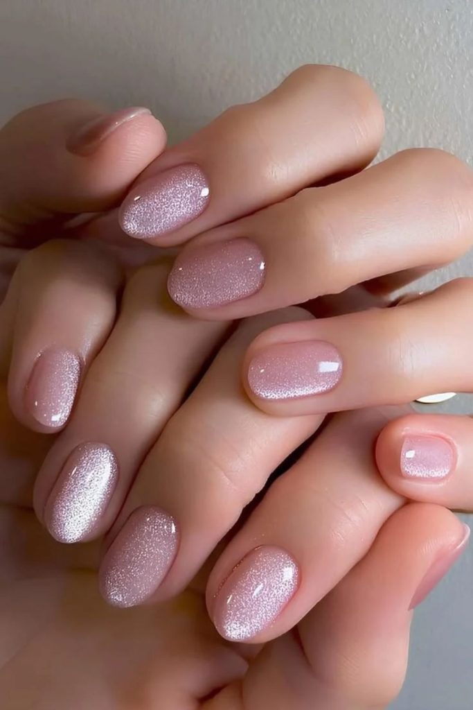 Blush pink velvet pearl nails