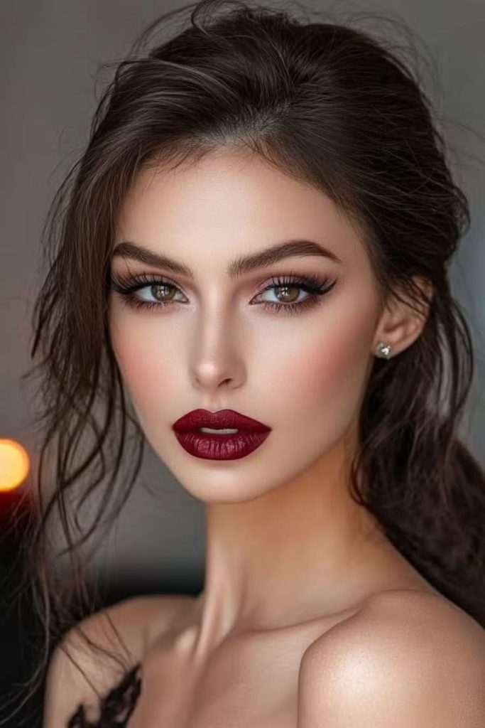Bordeaux cherry makeup with elegant wine lips.