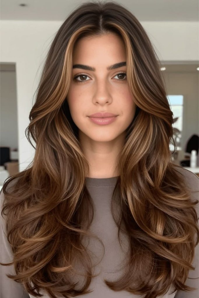 Brunette hair with honey veil highlights.