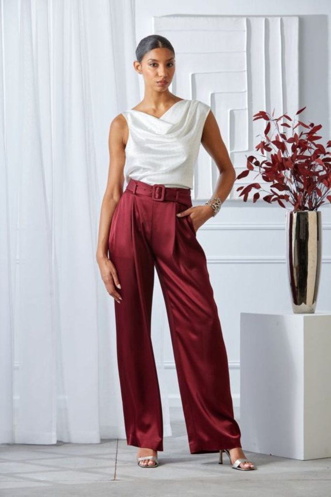 Burgundy tailored trousers chic style.