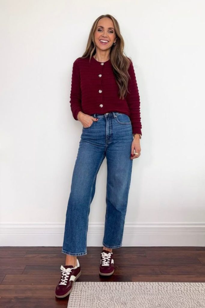 Burgundy sweater with straight jeans.