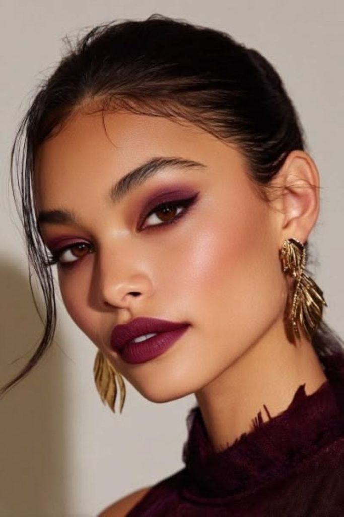 Burgundy halo eye vampy makeup look.