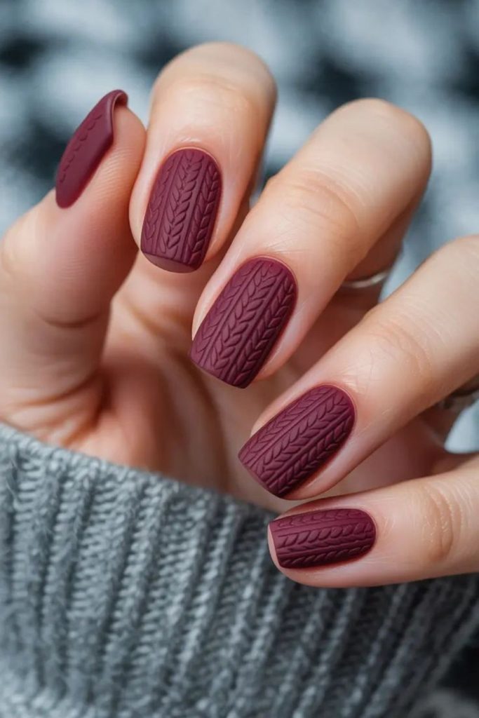 Burgundy knitted sweater nail design.