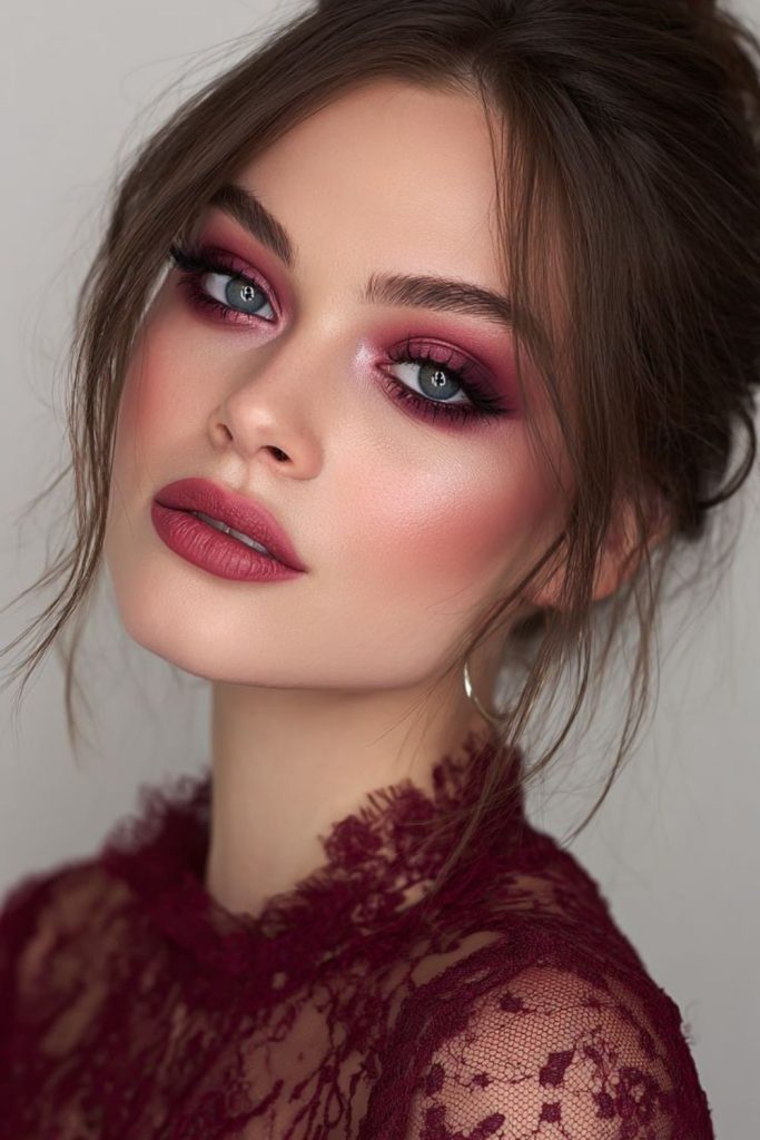 Burgundy velvet smoky eye makeup.