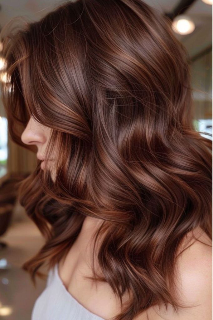Burnished cocoa brunette hair with highlights.