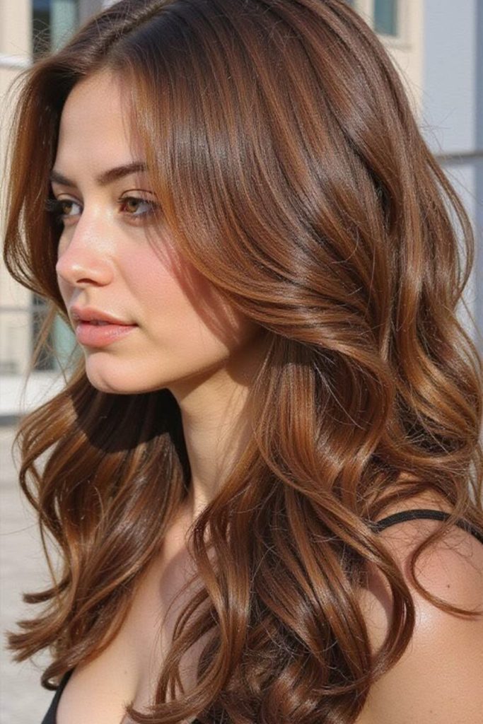 Burnished teddy brown wavy hair.