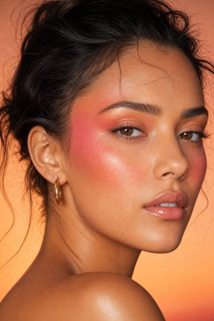 Burnt coral sunset makeup look.
