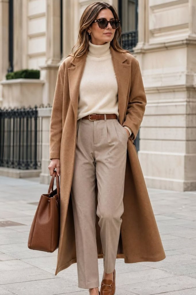 Camel trousers with turtleneck sweater.