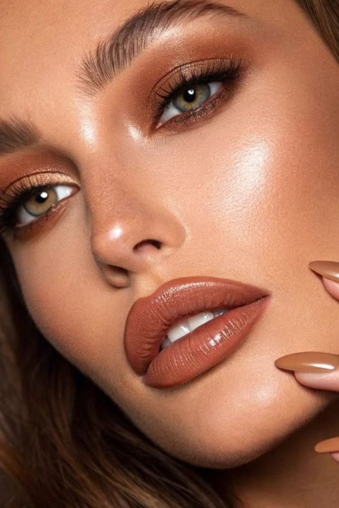 Caramel bronze radiant makeup look.