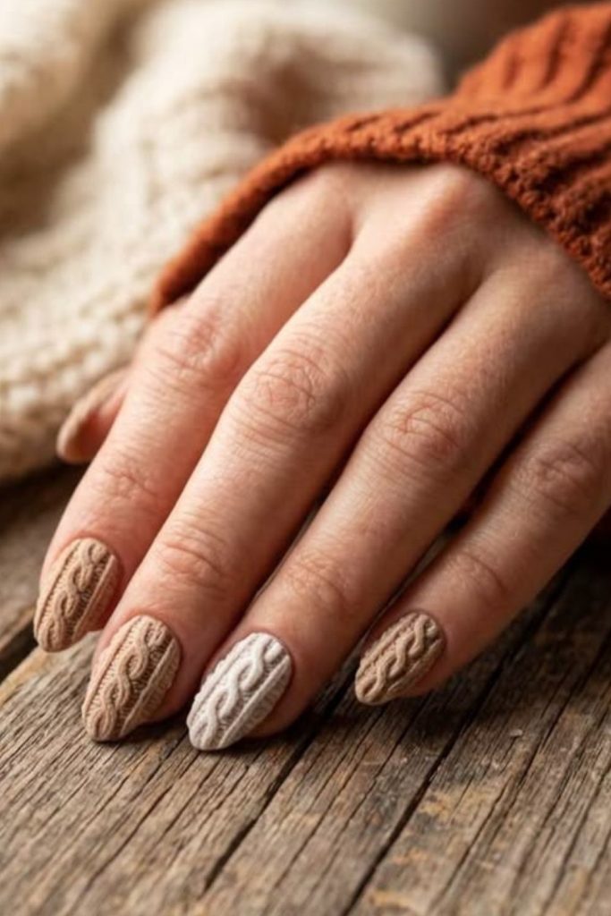 Caramel cable knit cozy nails.