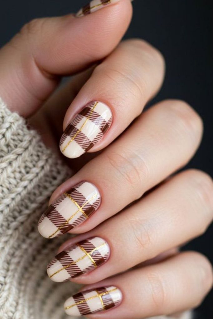 Caramel flannel plaid nail design.