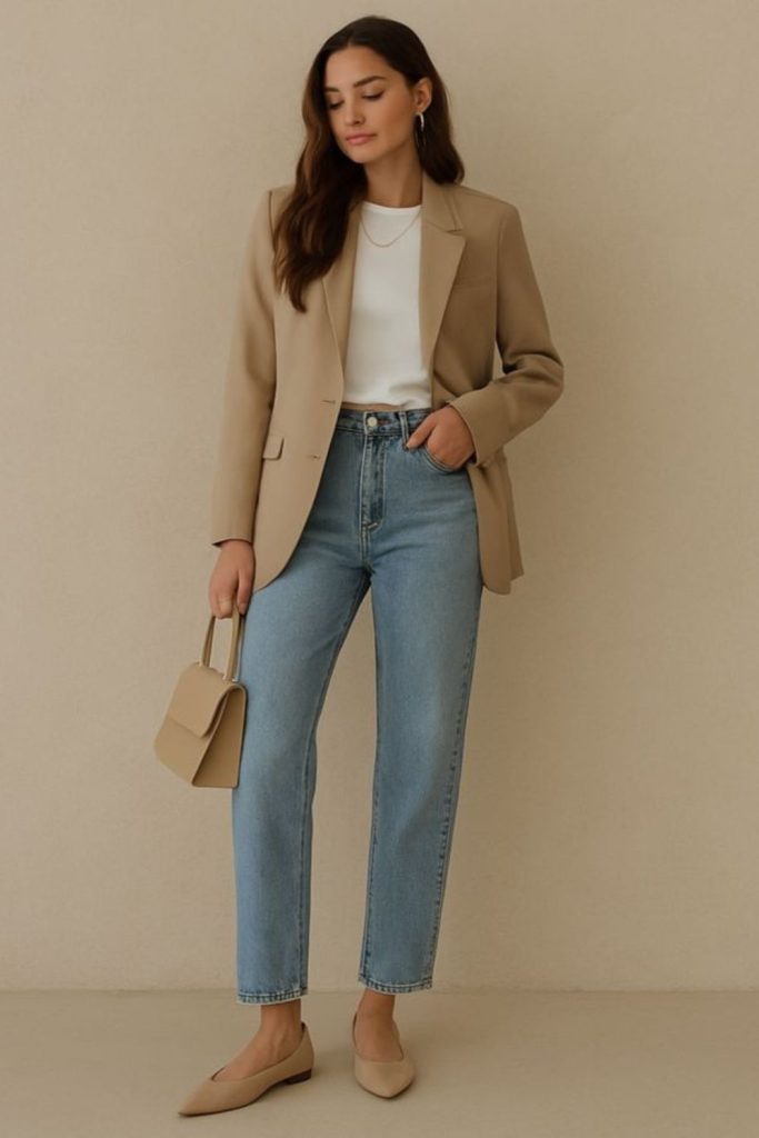 Beige blazer with blue jeans.