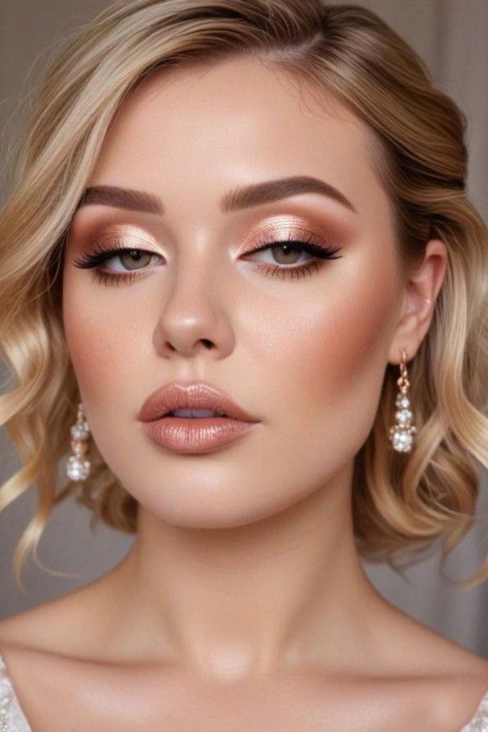Champagne shimmer elegant eye makeup look.