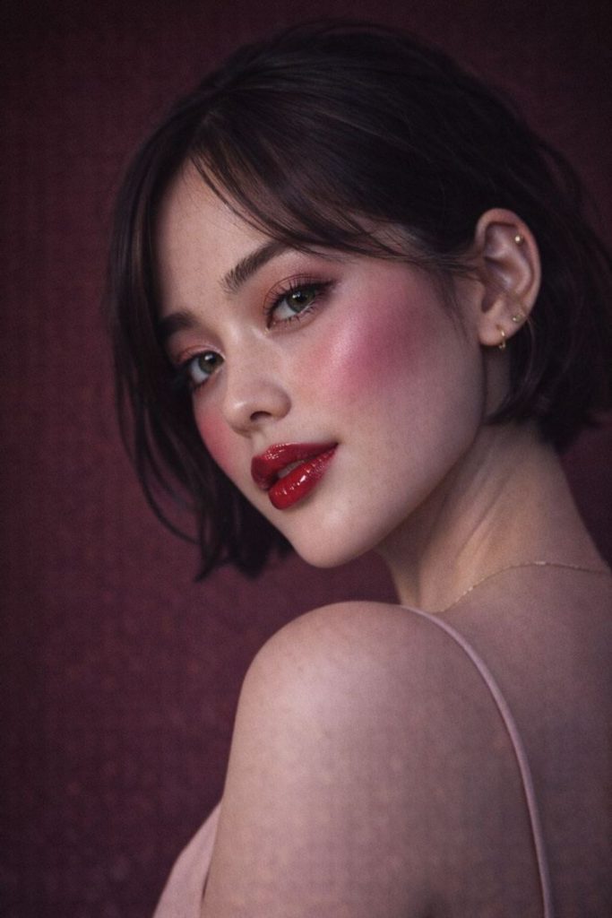Cherry crush glow makeup with rosy cheeks.