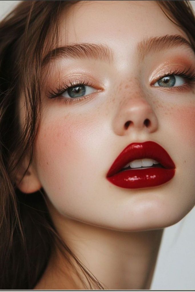Cherry freckle makeup with natural flushed cheeks.