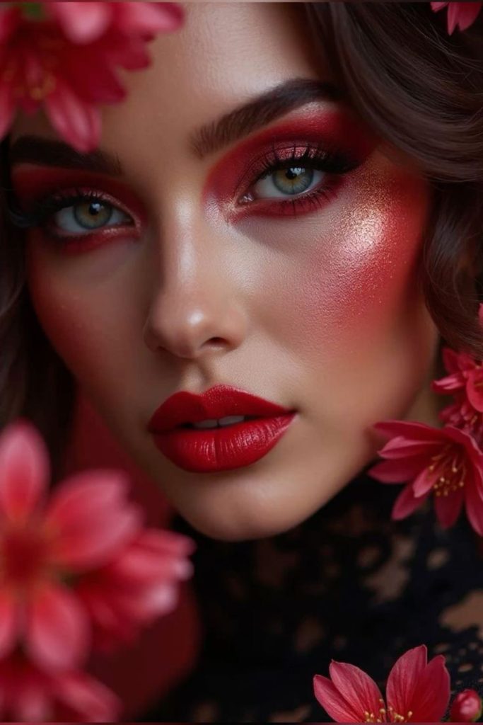 Cherry garnet makeup with jewel-toned eyes.