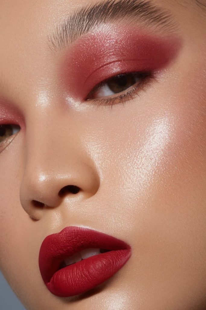 Cherry metallic makeup with shimmering cranberry eyes.